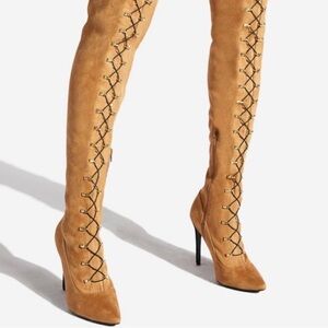 Shoe Dazzle Tan Lace-Up Over-the-Knee Boots- size 7 Women